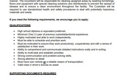 Employment Opportunity – Custodian for EYP. Closing Date March 05, 2021