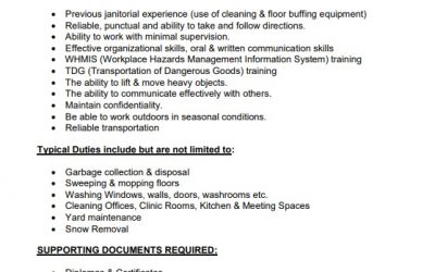 Employment Opportunity – Pigeon Lake Custodian/Maintenance. Closing date Feb.26, 2021