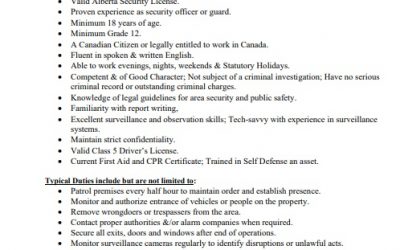 Employment Opportunity – Casual Night Shift Security. Closing date Feb.26, 2021