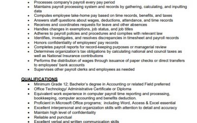 Employment Opportunity – Payroll Clerk. Closing date Feb.26, 2021