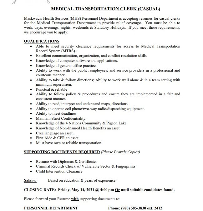 Employment Opportunity – Casual Medical Transportation Clerk