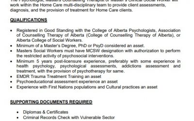 Employment Opportunity – Psychologist/Counselling Therapist or Masters Clinical Social Worker